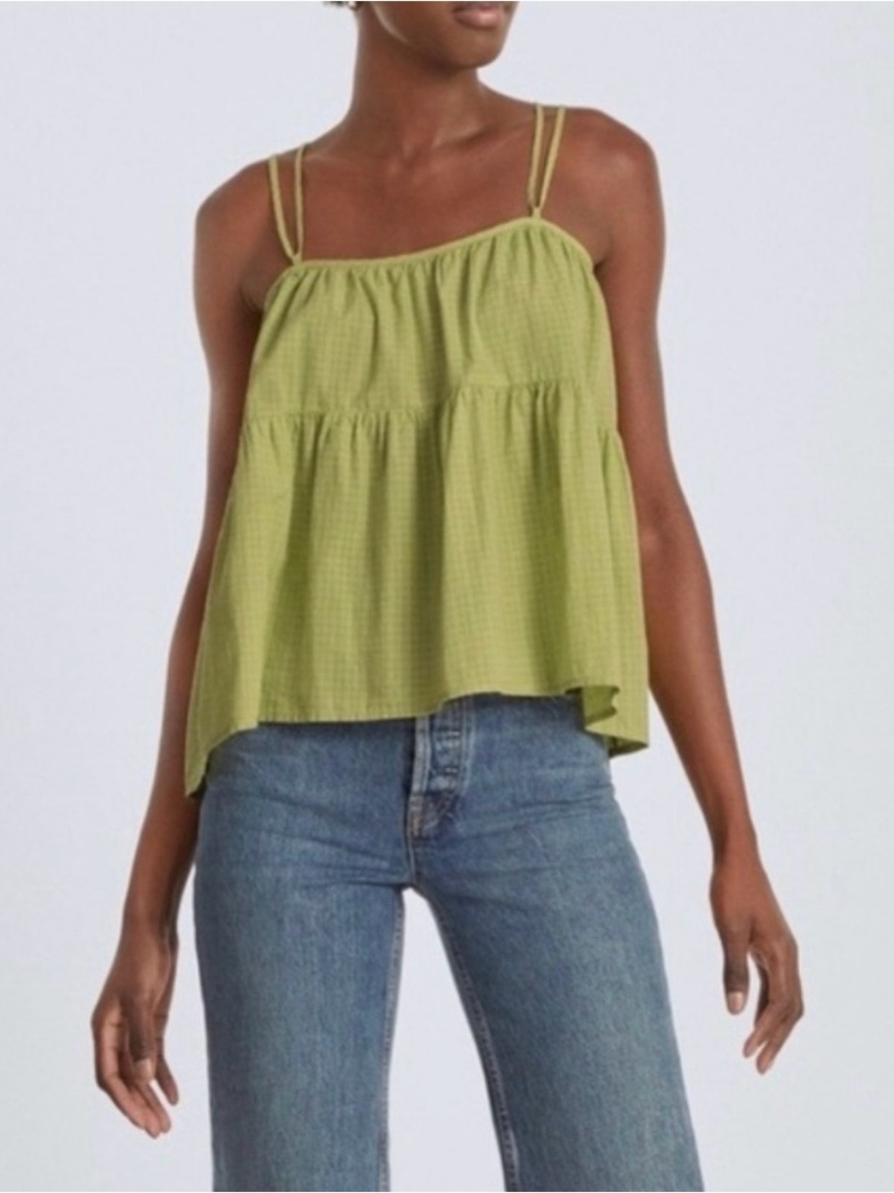 Everlane Womens Lime Green Micro Check Tiered Cotton Tie Back Camisole Top Large